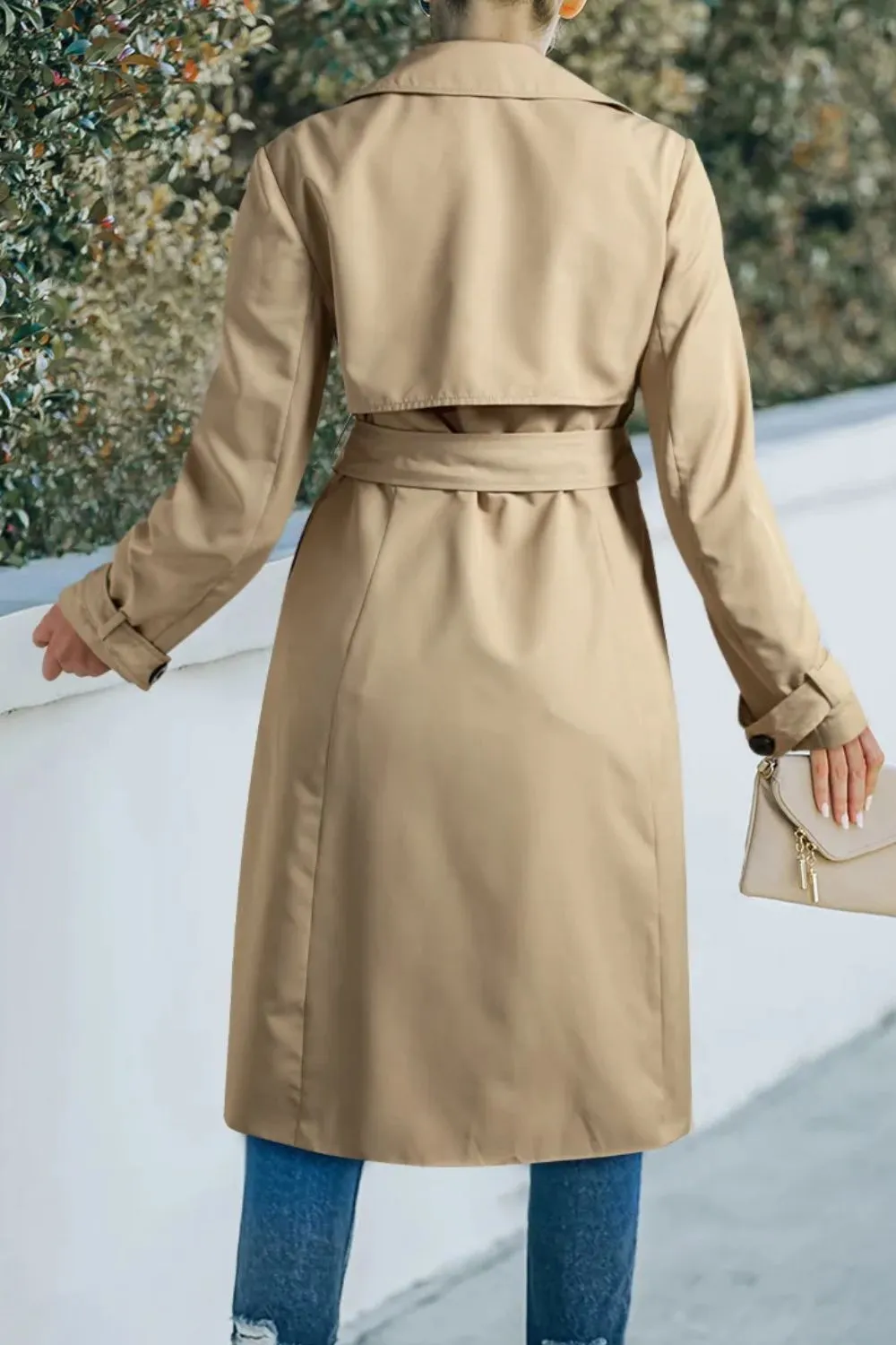 Collared Neck Tie Waist Buttoned Long Sleeve Trench Coat, image 3