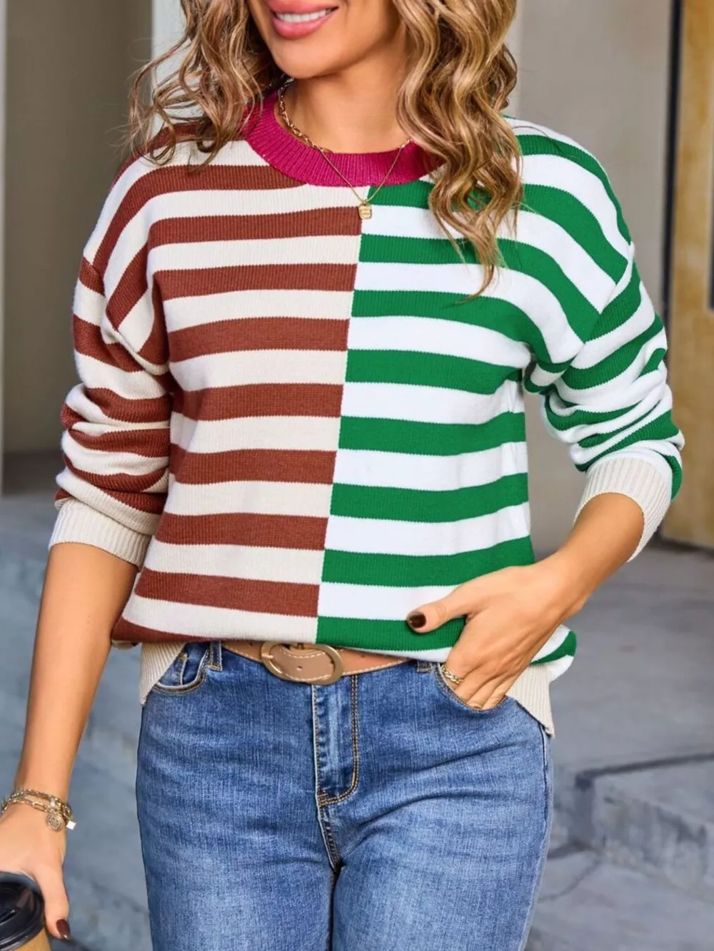 Striped Round Neck Long Sleeve Sweater, image 13