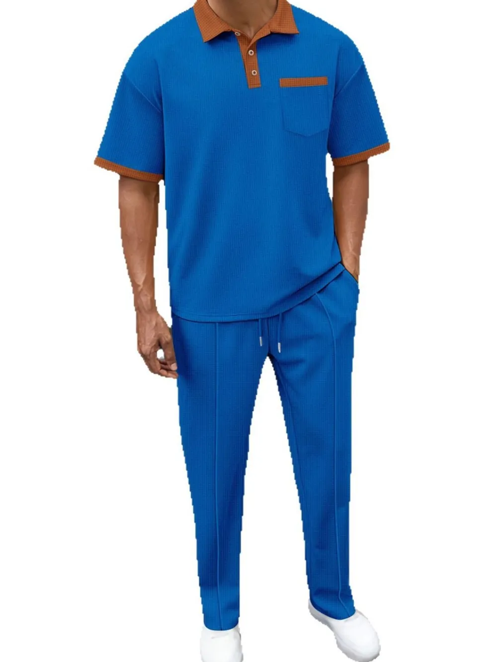 Men's Full Size Waffle-Knit Contrast Polo and Pants Set Plus Size, image 4