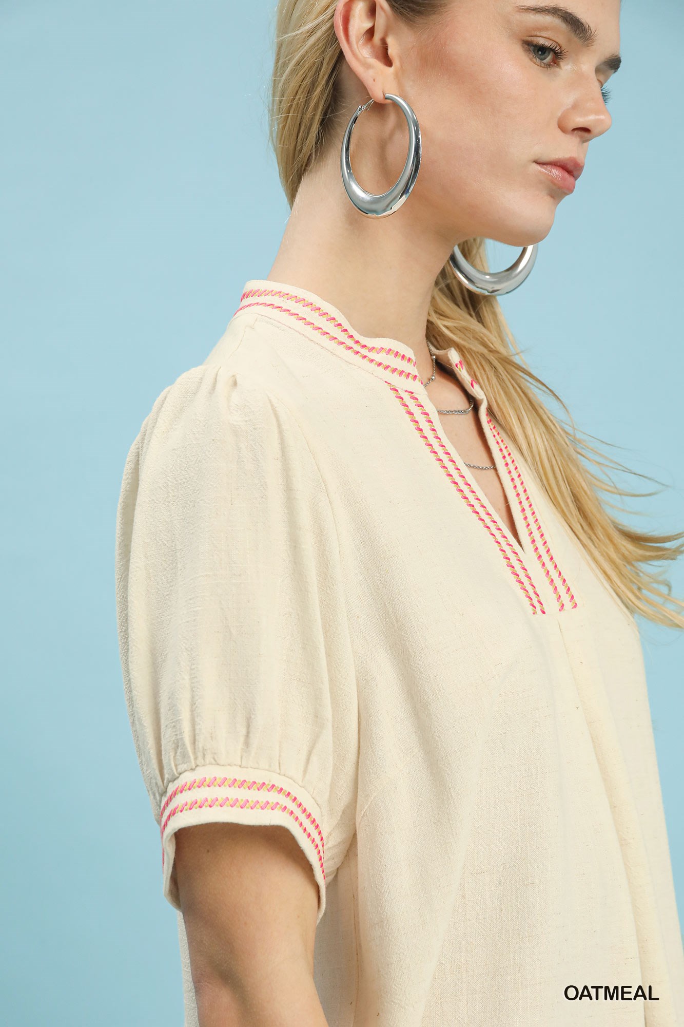 Embroidery Linen Puff Sleeve Blouse, image 4