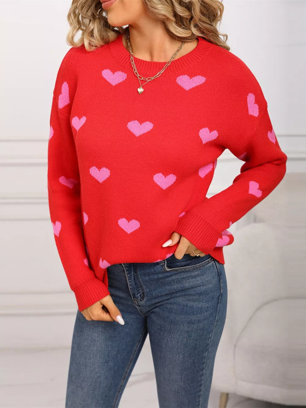 Valentine's Day Heart Pattern Dropped Shoulder Sweater, image 16