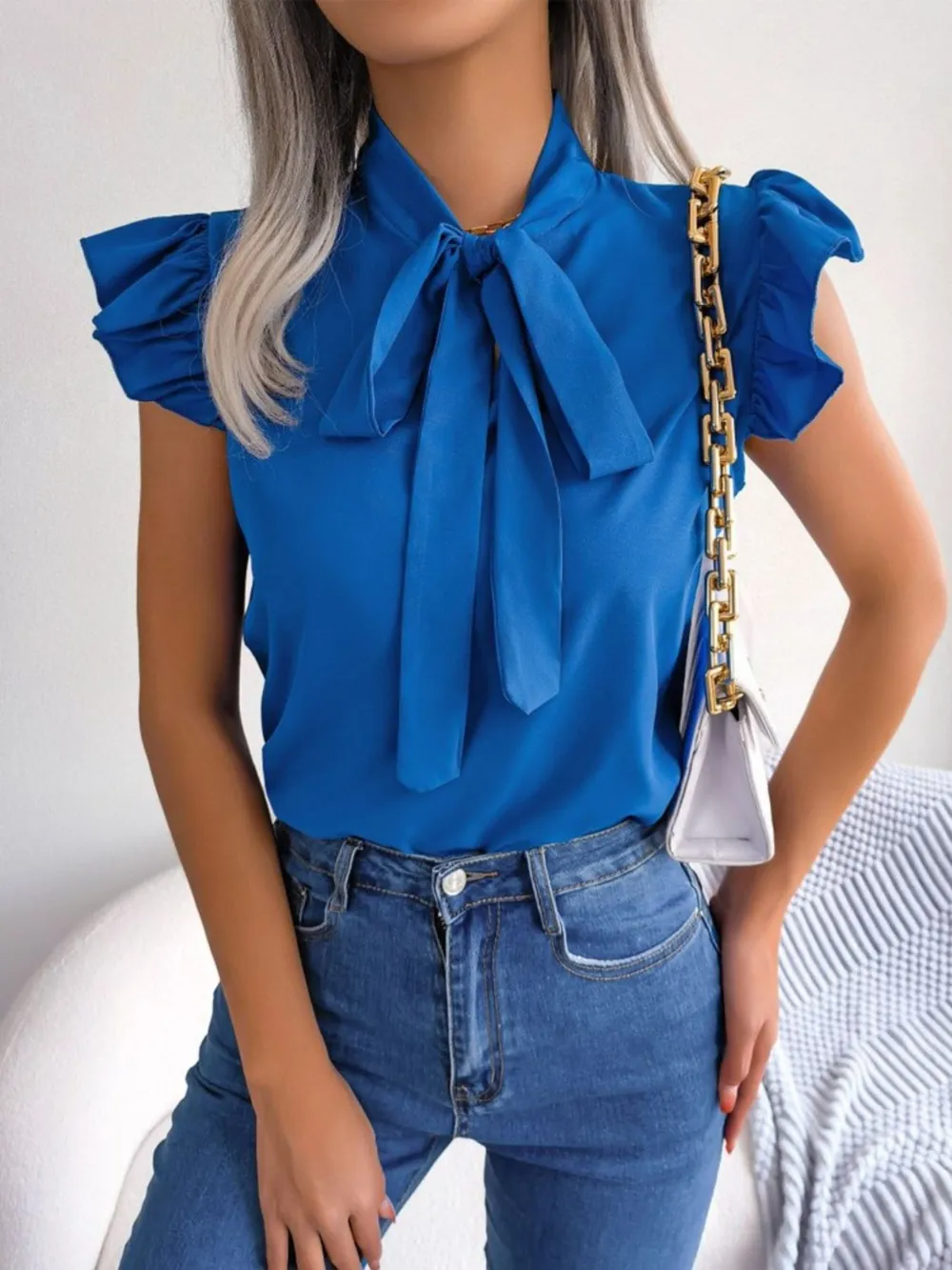 Ruffle Cap Sleeve Bow Tie Blouse, image 5