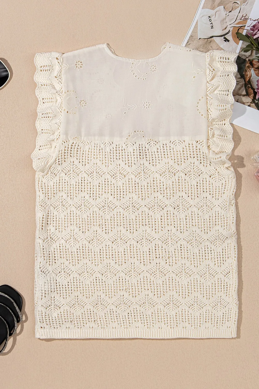 Embroidered Patchwork Hollow Out Knitted Ruffle Sweater Vest, image 8