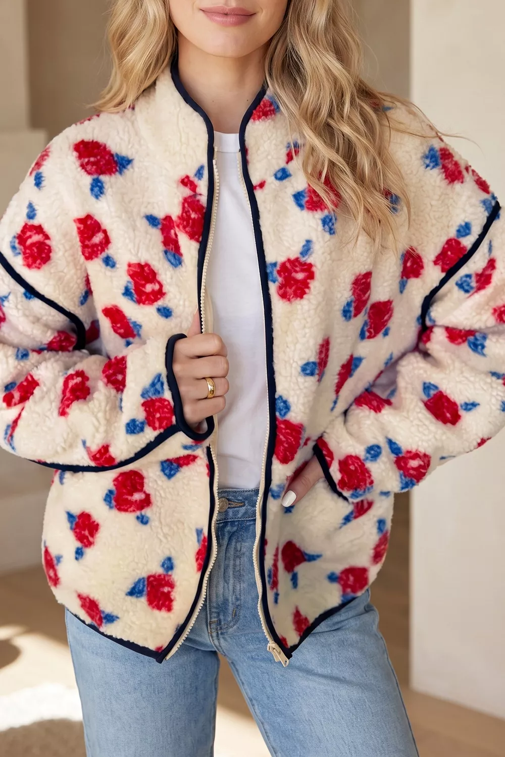 Floral Print Zipper Stand Neck Outerwear Fleece Coat