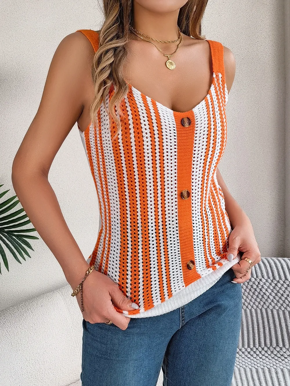 Openwork Striped V-Neck Tank, image 10