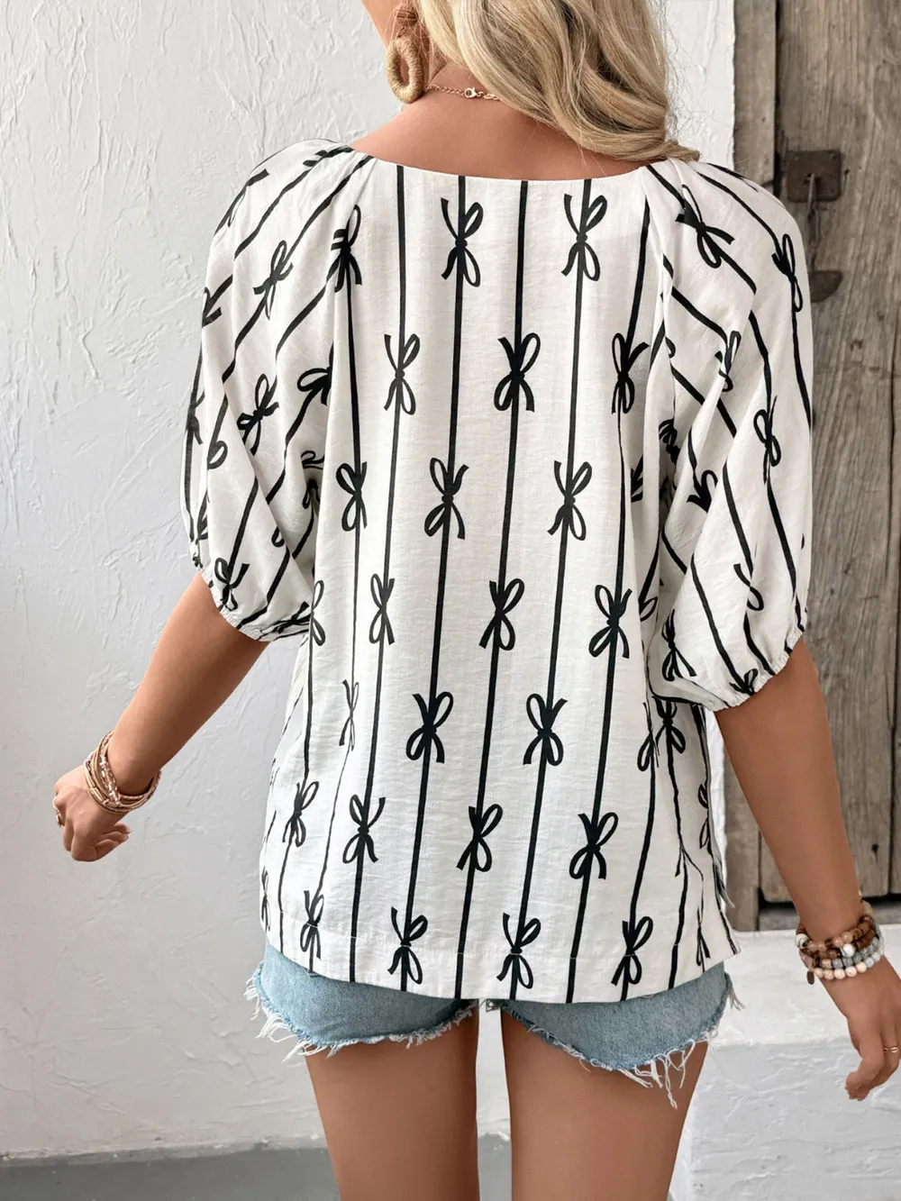 Bow Print Puff Sleeve Casual Blouse, image 4