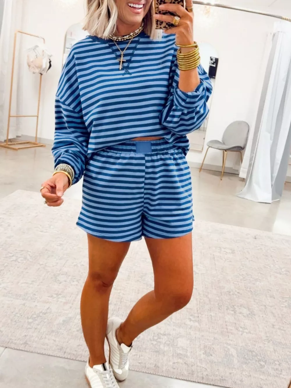 Stripe Drop Shoulder Long Sleeve Pullover Elastic Waist Casual Short Set, image 2