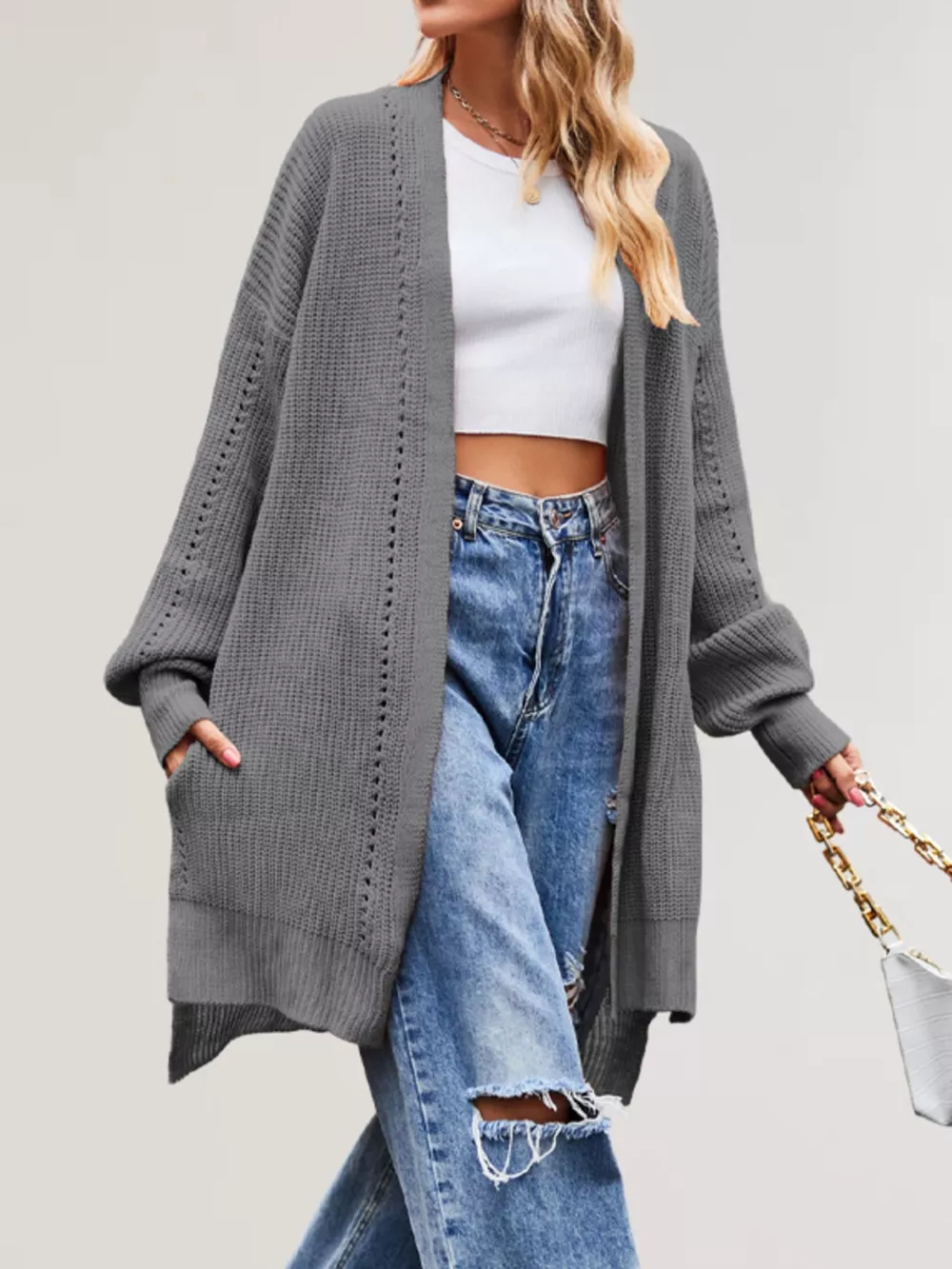 Open Front Openwork Knit Longline Cardigan, image 6