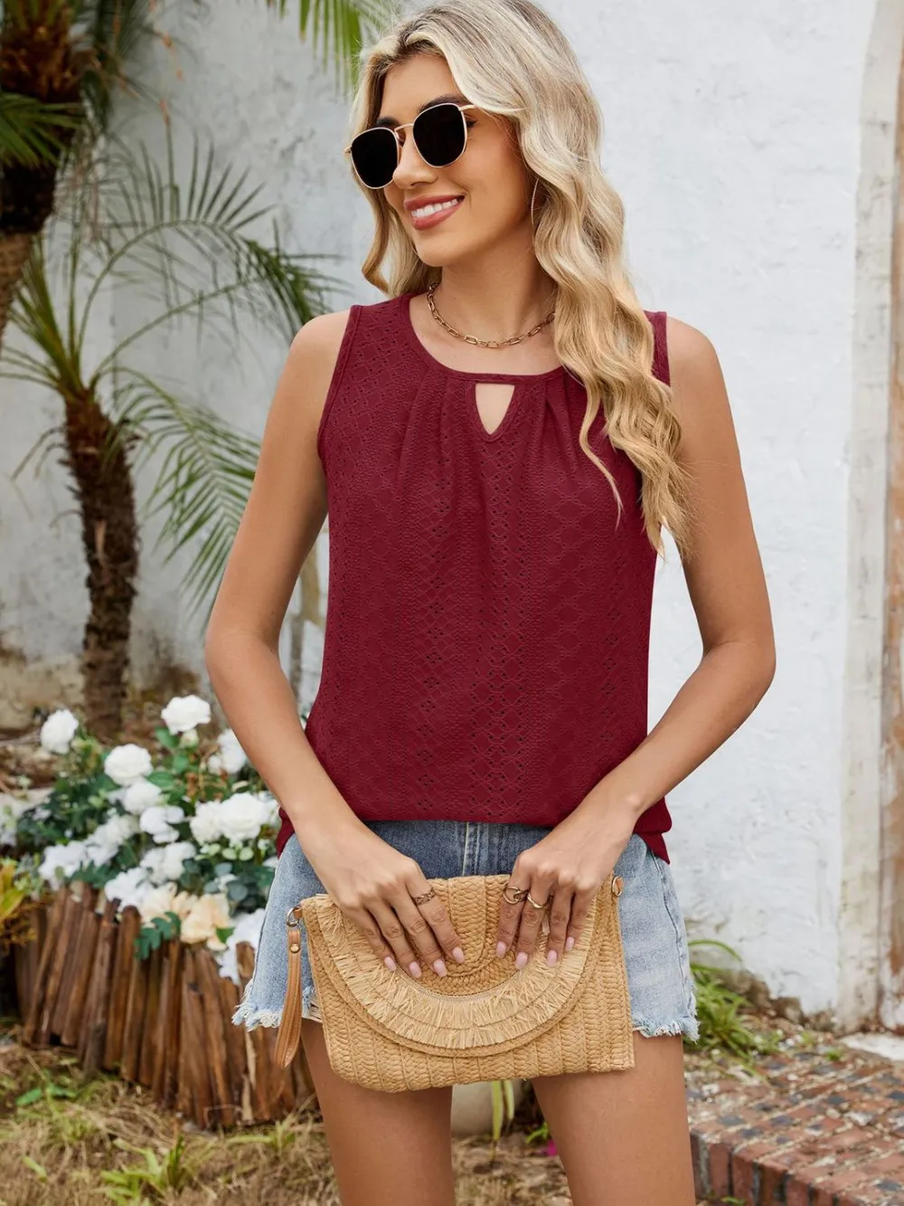 Eyelet Cutout Round Neck Tank, image 28