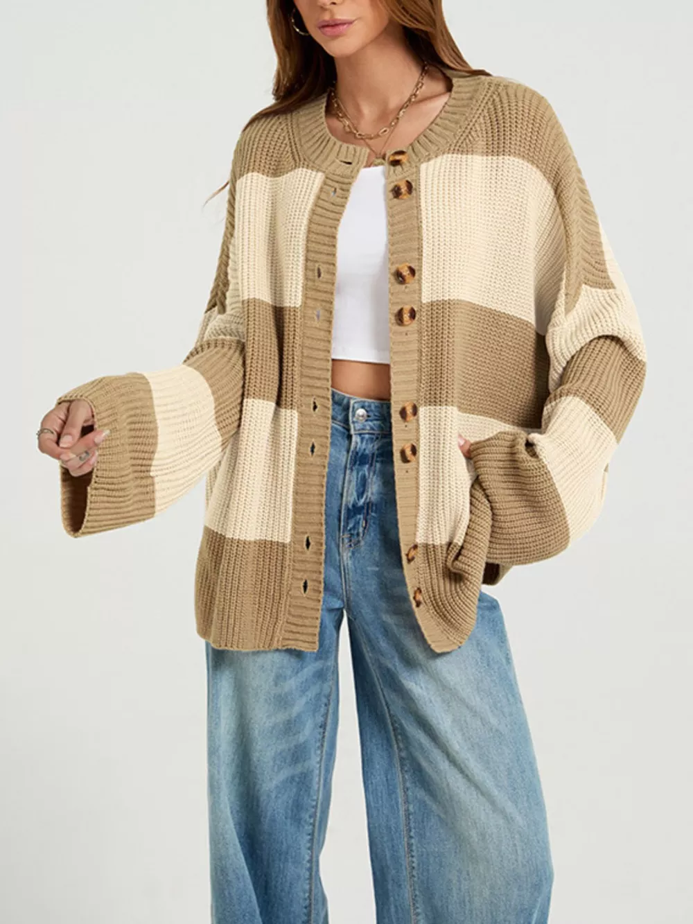 Color Block Striped Button-Up Cardigan, image 8