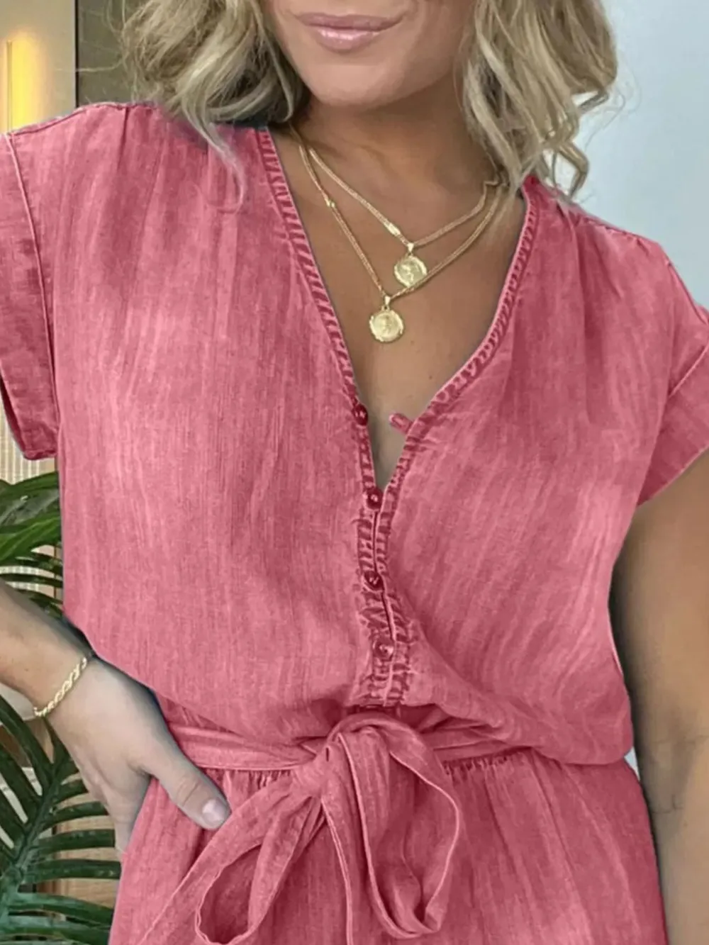 Full Size Tie Waist Cap Sleeve Denim Romper Plus Size, image 7