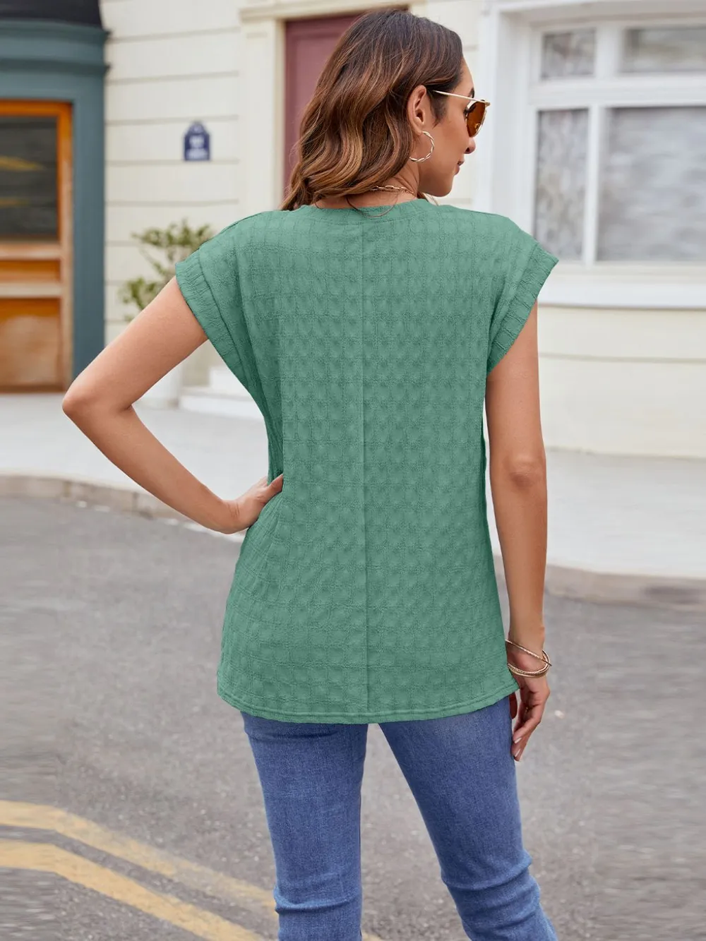 Textured Round Neck Cap Sleeve T-Shirt, image 9