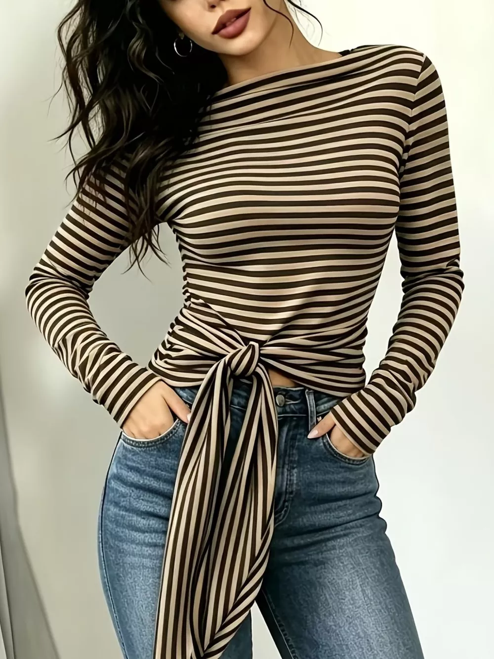 Long Sleeve Striped T-Shirt with Front Tie Detail, image 21