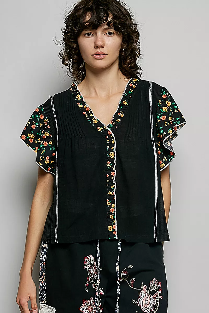 V-Neck Floral Ruffle Sleeve Blouse
