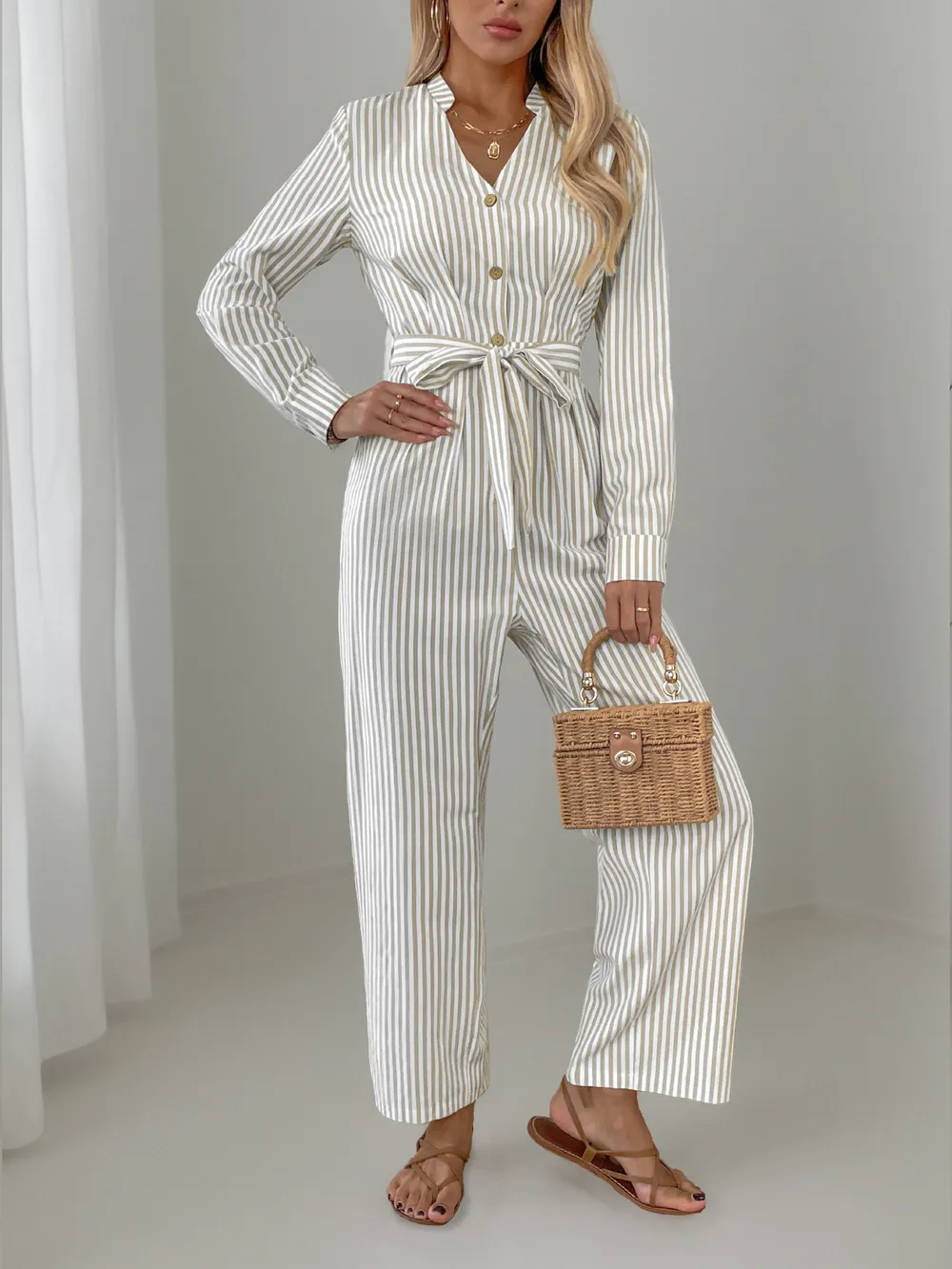 Striped Notched Long Sleeve Tie Waist Jumpsuit, image 6