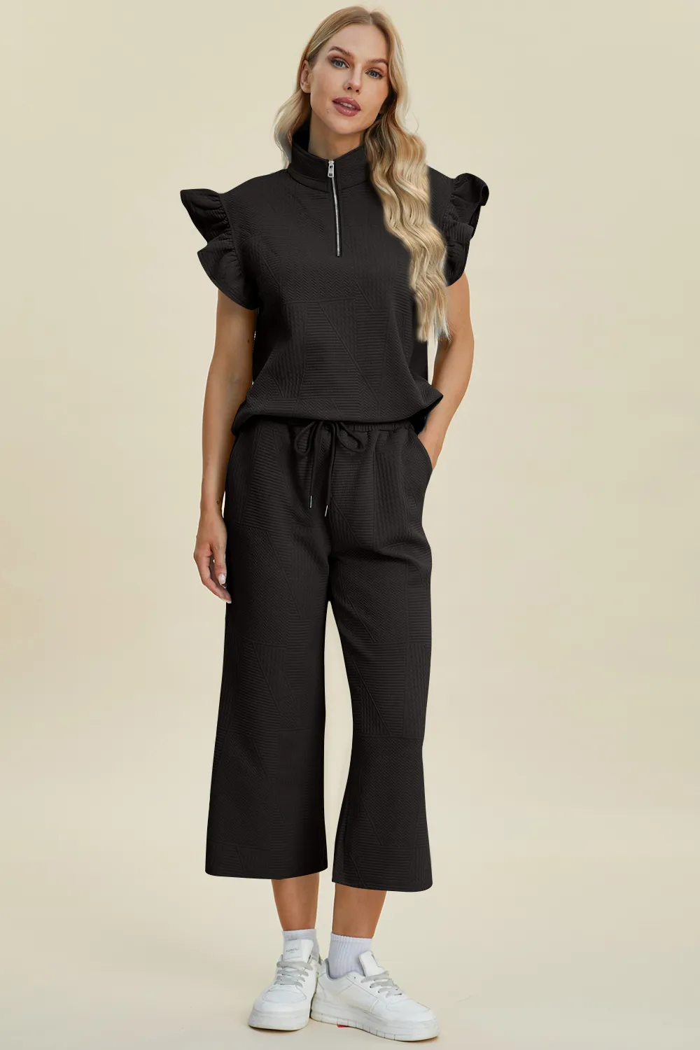Full Size Texture Ruffle Short Sleeve Top and Wide Leg Pants Set, image 20