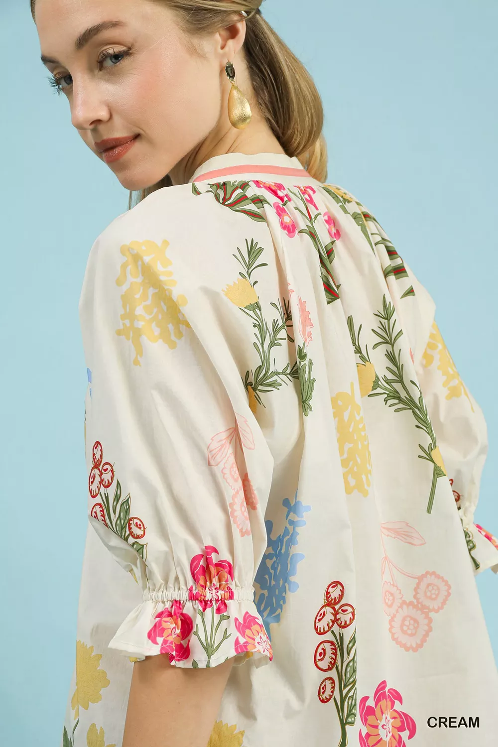 Floral Split Neck Puff Sleeve Top, image 4