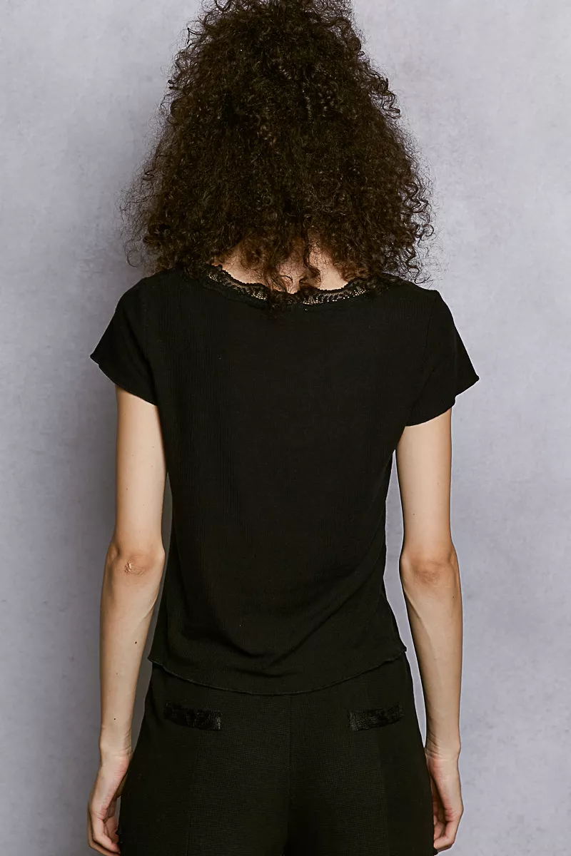 Round Neck Short Sleeve Crop T-Shirt with Lace Trim, image 4