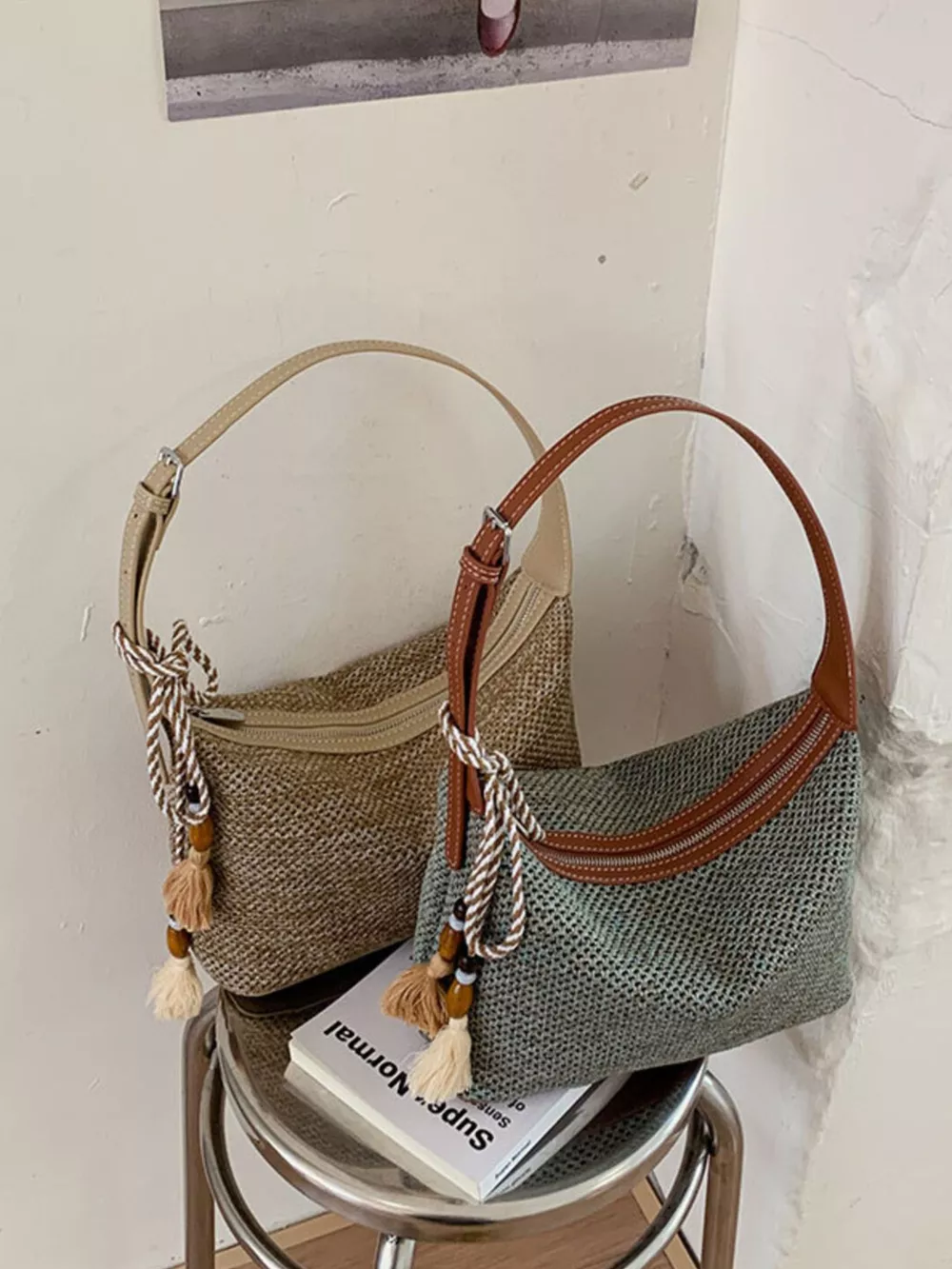 Woven Shoulder Bag with Tassel, image 2