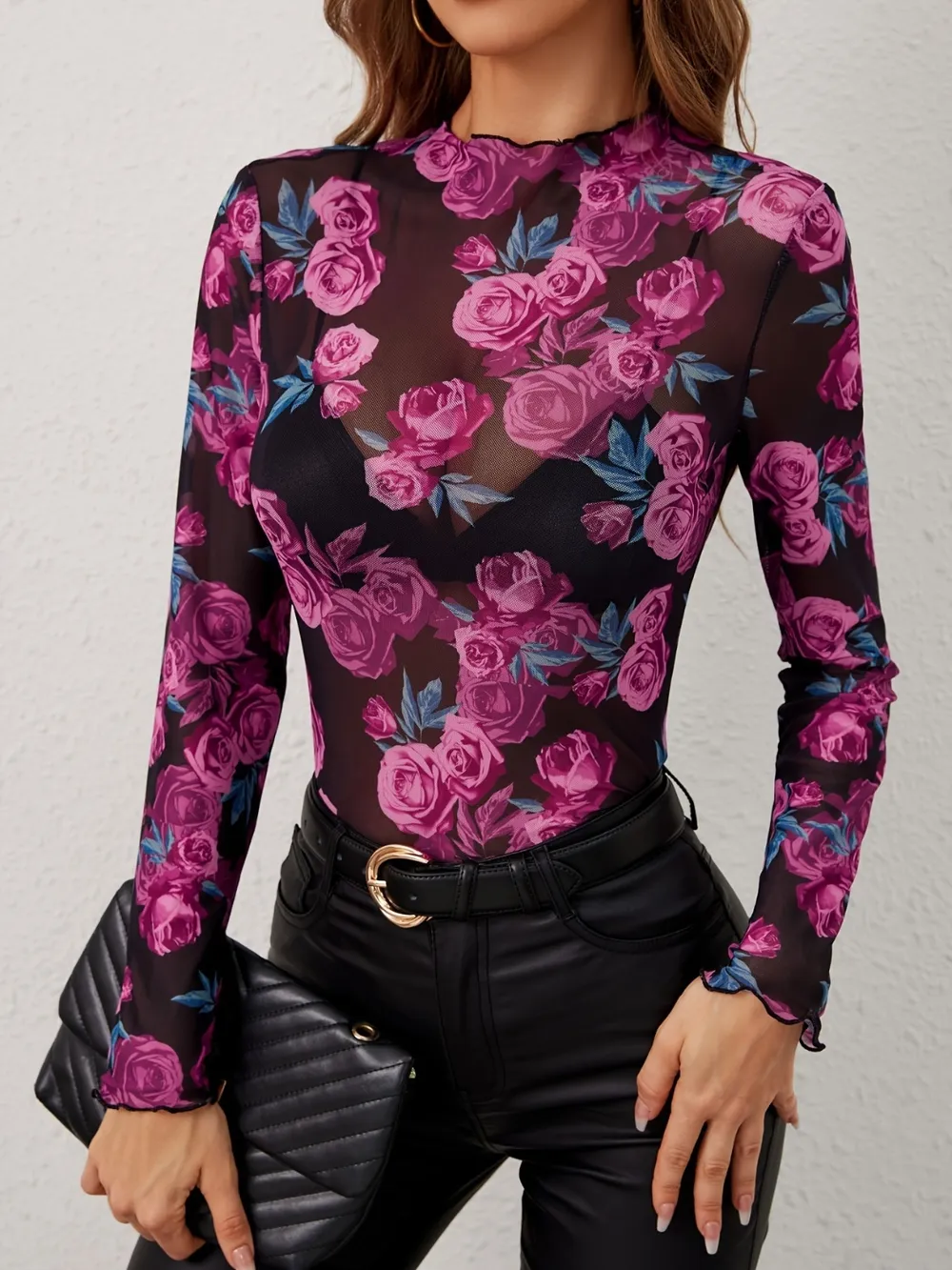 Floral Mock Neck Long Sleeve Top, image 3