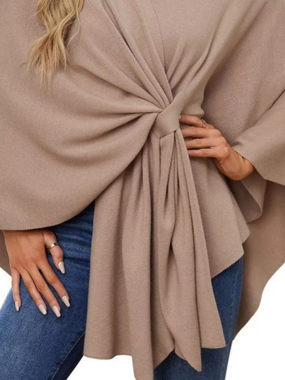 Solid Color Tie-Front Knit Cape Top, image 8