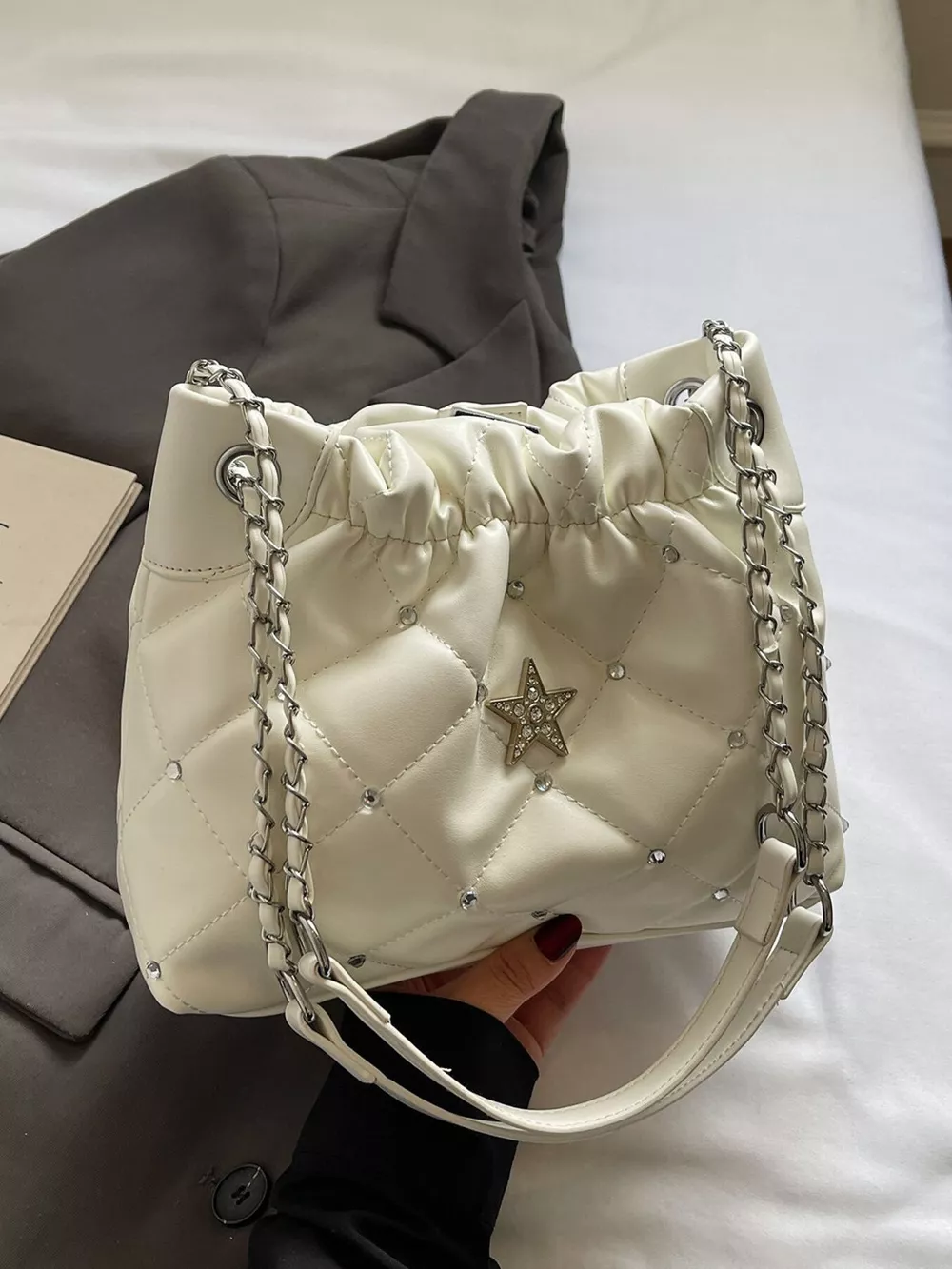 Quilted Rhinestone Star Decor Shoulder Bag, image 2