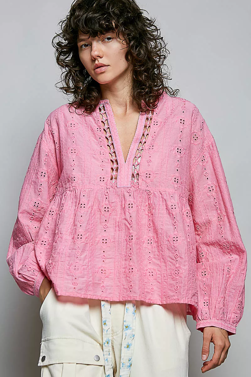 POL Eyelet Lace Split Neck Gathered Empire Waist Cotton Blouse, image 4