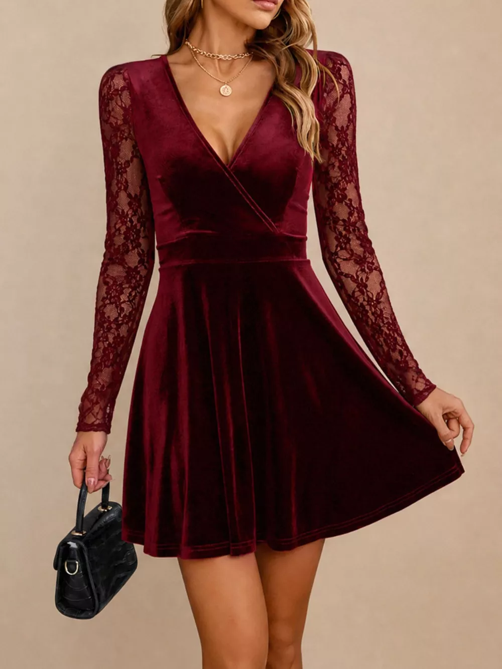 Velvet Lace Long Sleeve Mini Dress, image 2