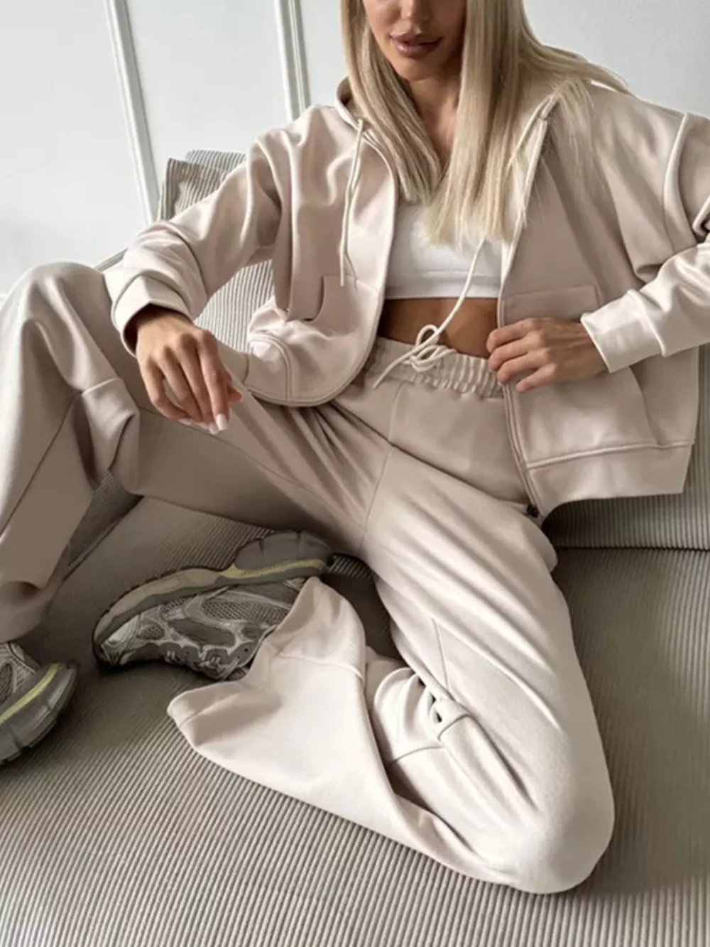Zip-Up Hoodie and Wide-Leg Pants Set, image 3
