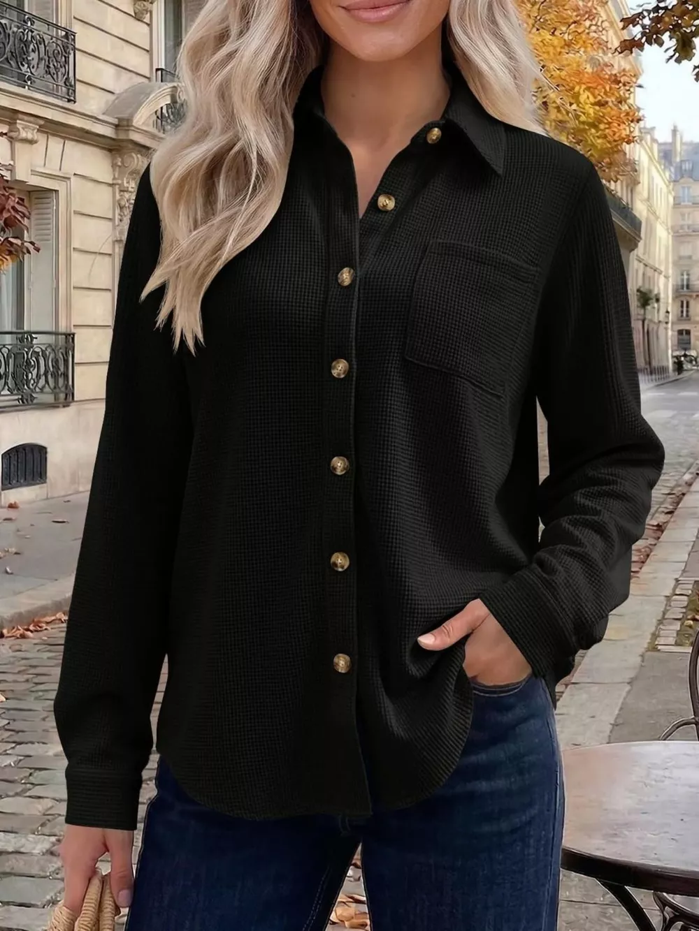 Waffle Knit Button-Down Long Sleeve Shirt, image 11