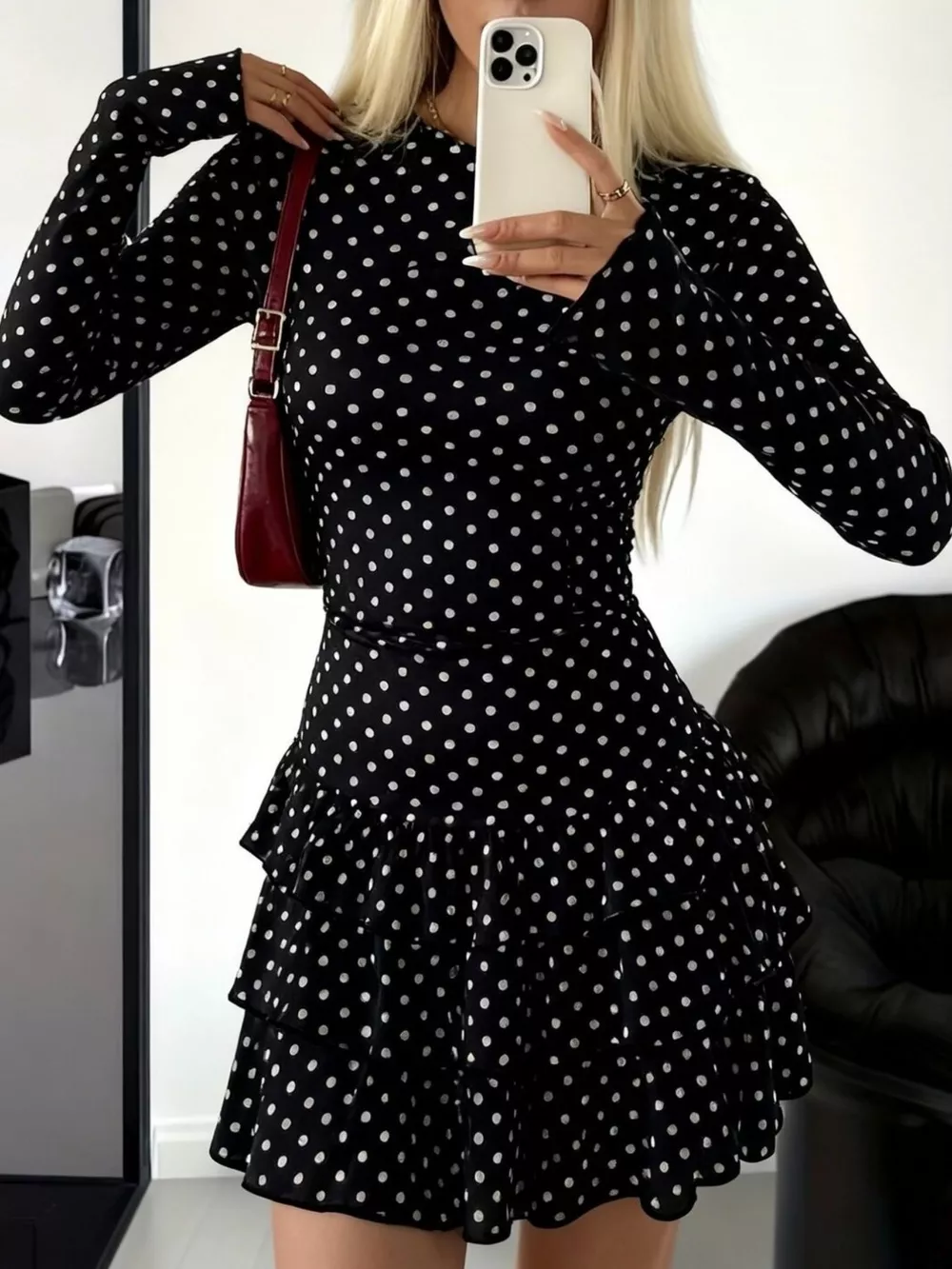 Long Sleeve Ruffled Hem Mini Dress, image 2