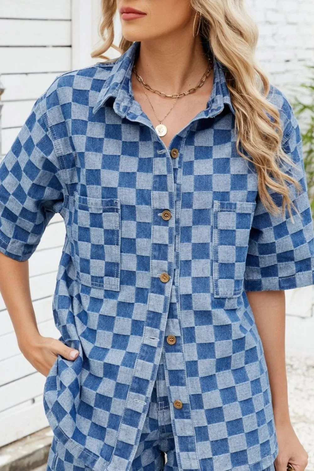 Button Down Checkered Denim Shirt, image 4
