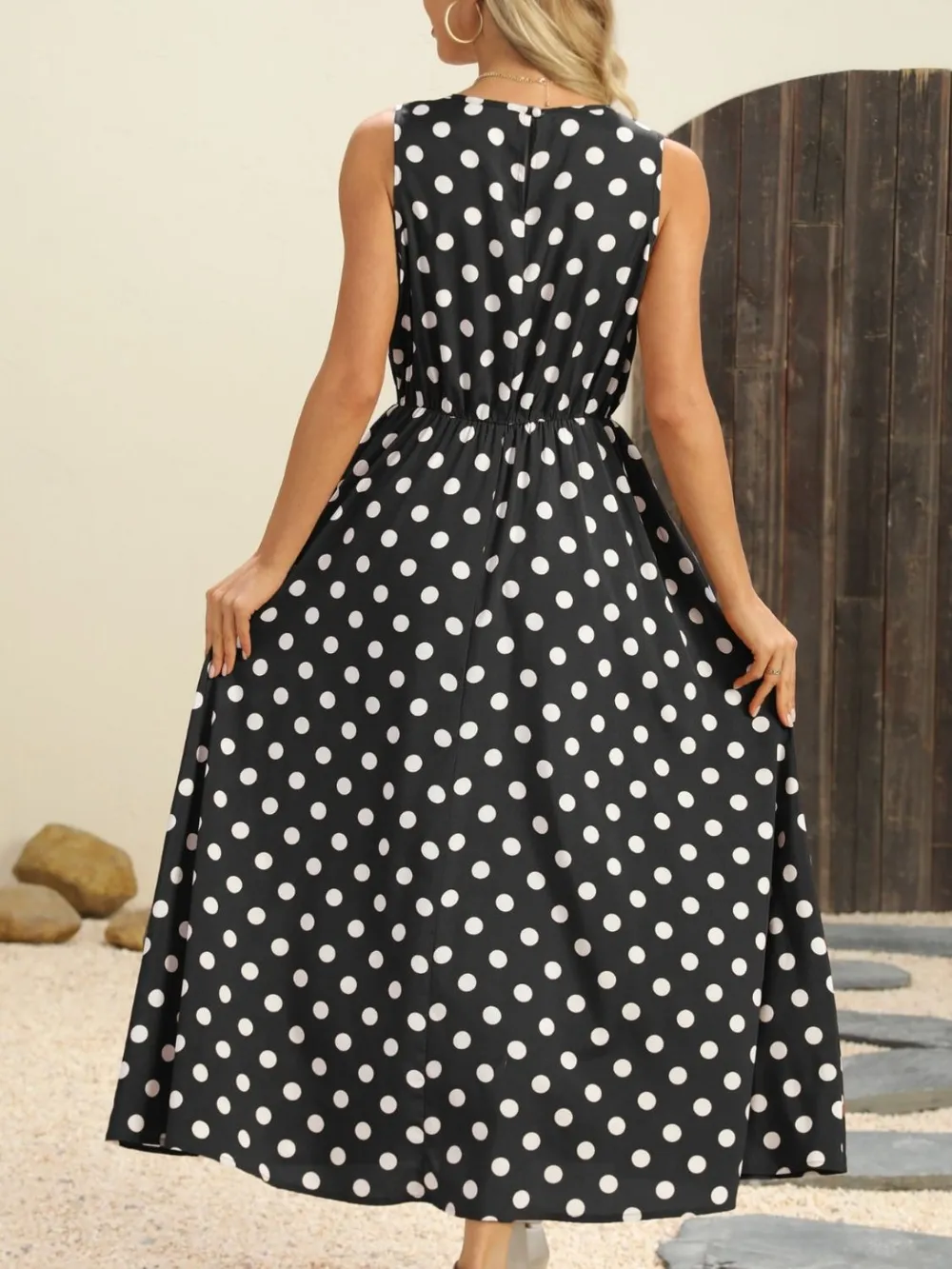 Polka Dot Round Neck Sleeveless Midi Dress, image 6