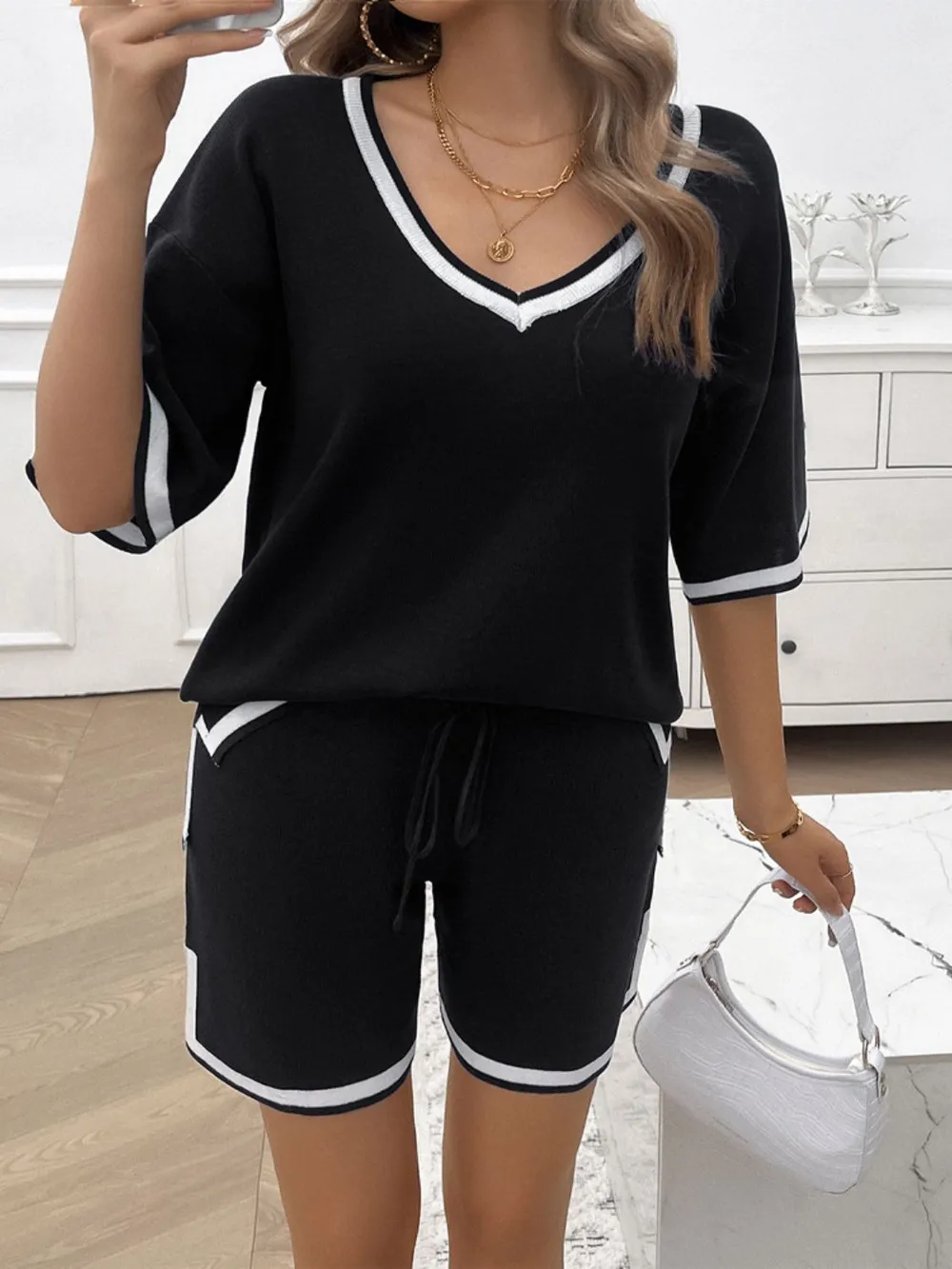 Contrast Trim V-Neck Top and Shorts Set, image 12