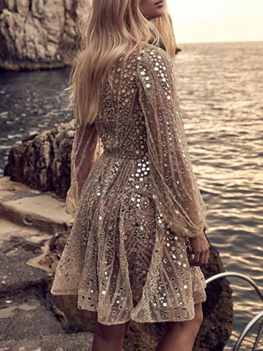 Sequin Deep V-Neck Mini Dress, image 2