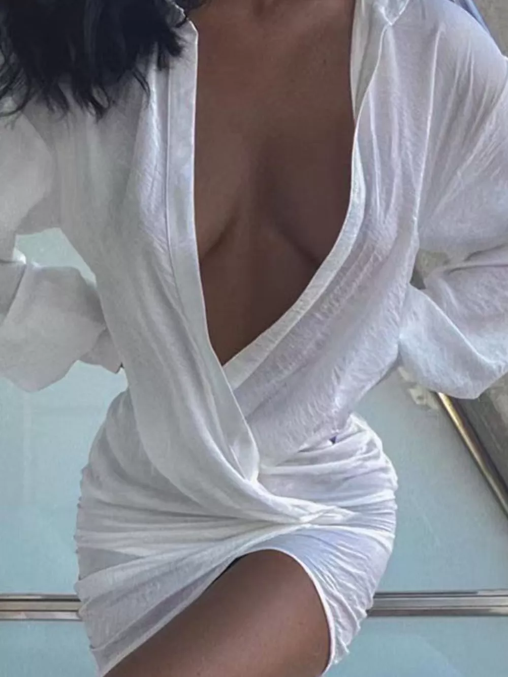 Deep V-Neck Ruched Asymmetrical Mini Dress, image 8