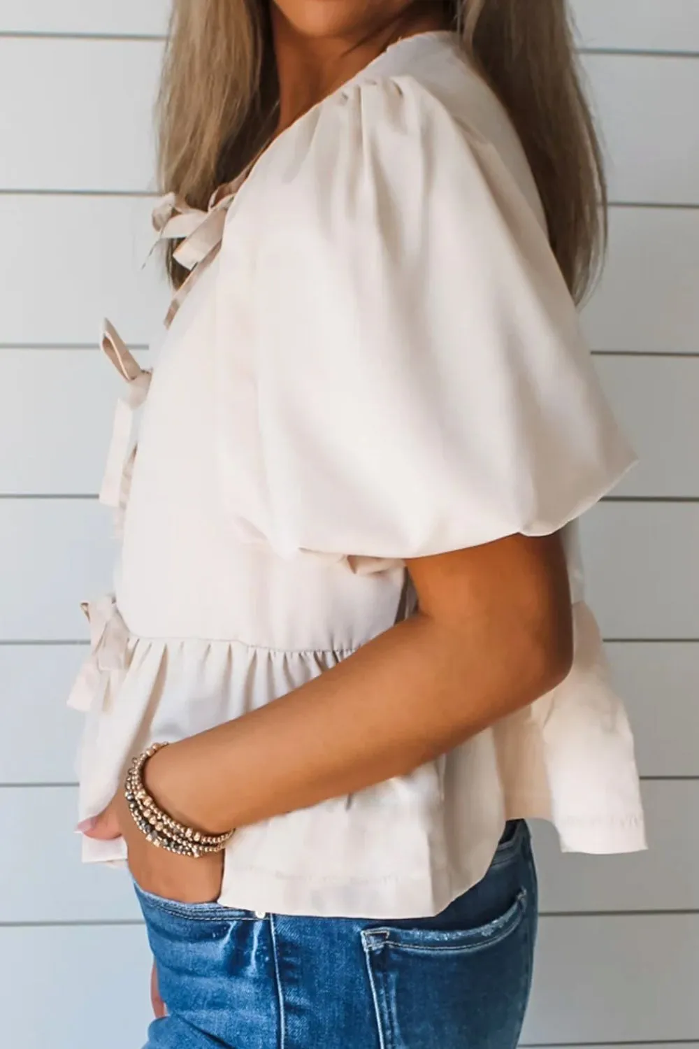 Bow Tie Short Puff Sleeve Ruffle Hem Blouse, image 5