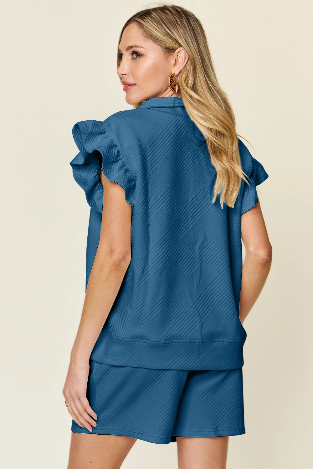 Full Size Texture Flounce Sleeve Top and Drawstring Shorts Set, image 19