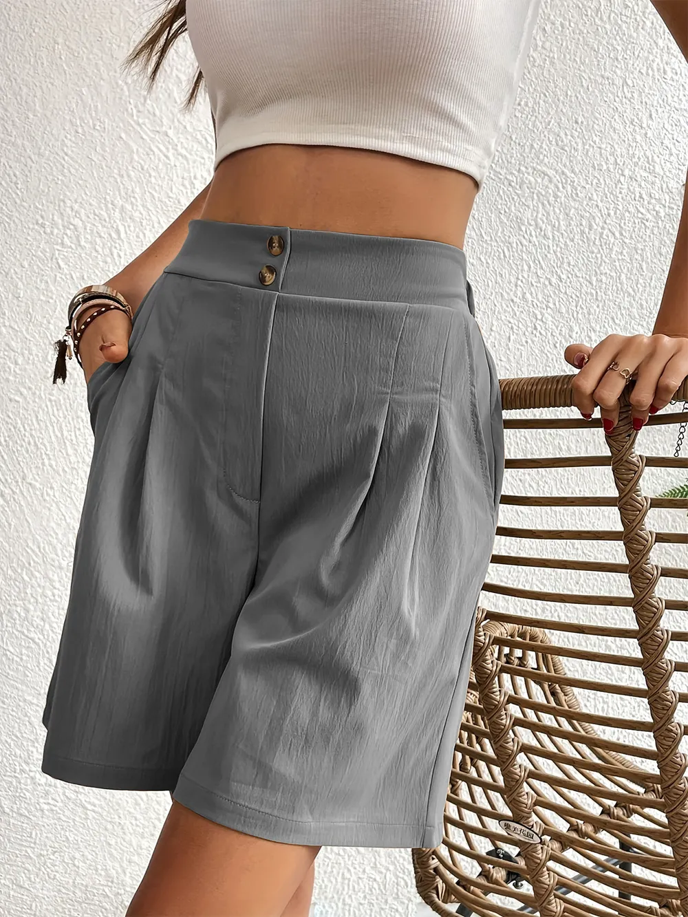 Pocketed Half Elastic Waist Shorts, image 20