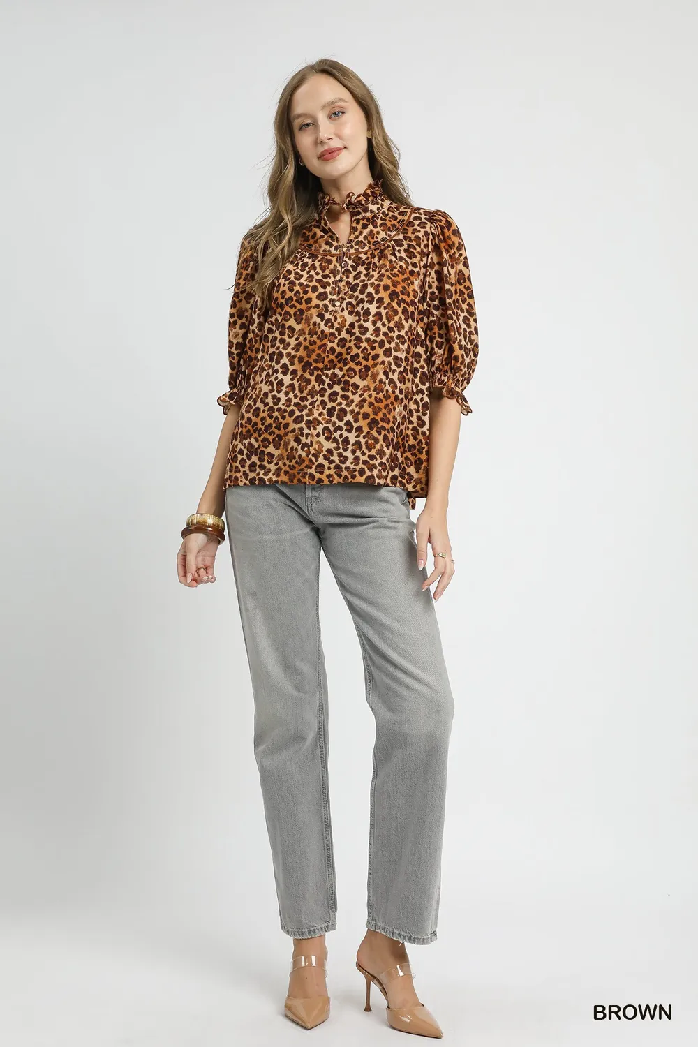 Full Size Leopard Print Ruffle Neck Blouse Plus Size, image 8