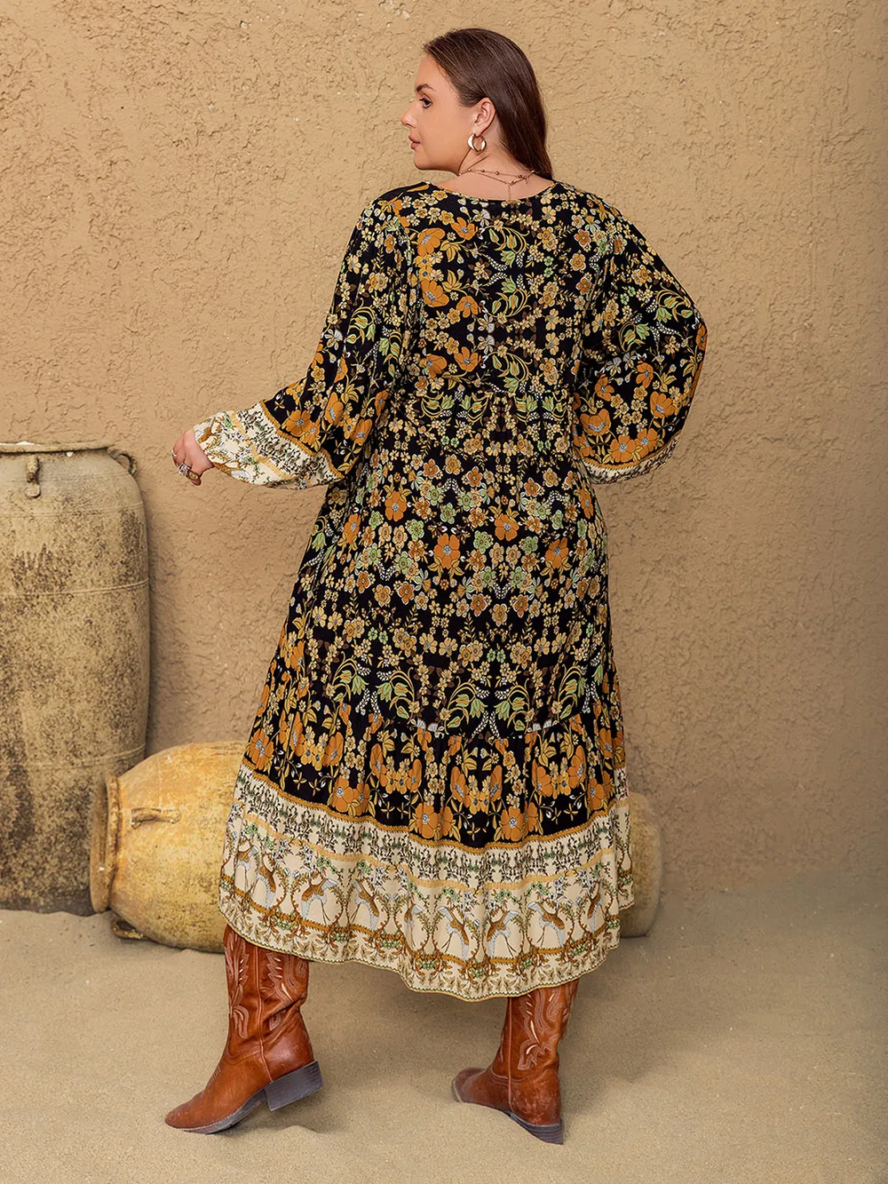 Plus Size Floral V-Neck Balloon Sleeve Midi Dress, image 2