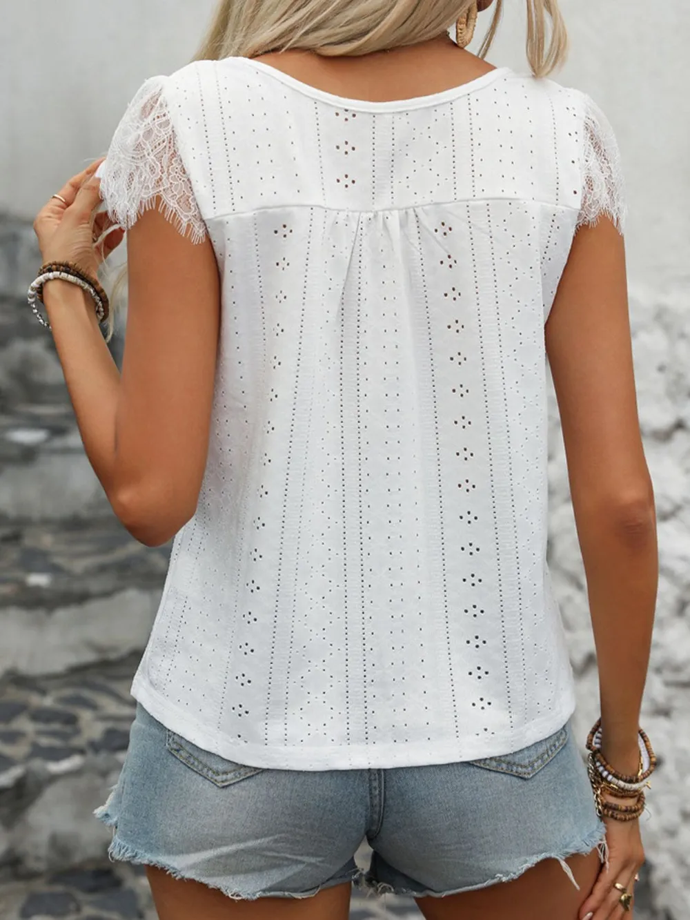 Eyelet Lace Detail V-Neck Cap Sleeve Top, image 4