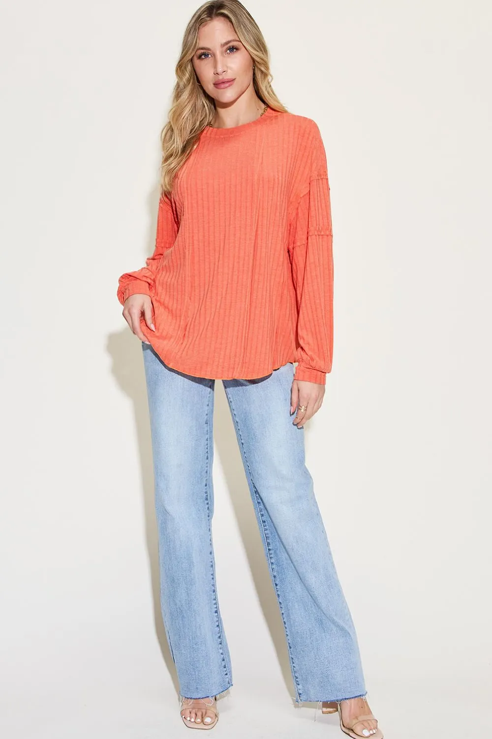 Full Size Ribbed Round Neck Long Sleeve T-Shirt, image 14