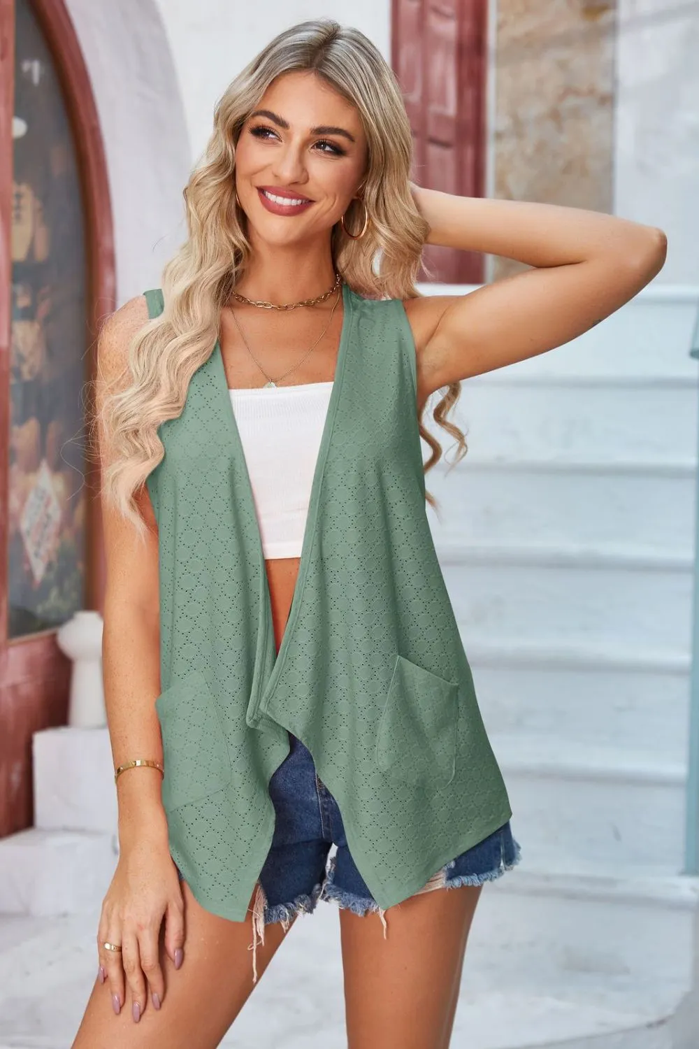 Eyelet Open Front Sleeveless Cardigan, image 19