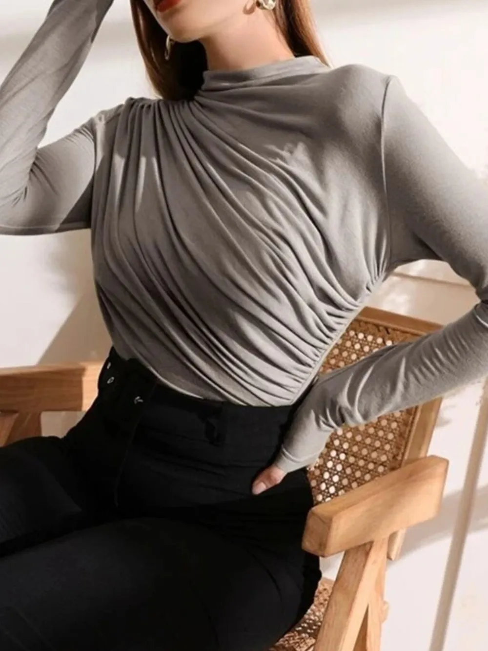 Mock Neck Ruched Long Sleeve T-Shirt, image 14