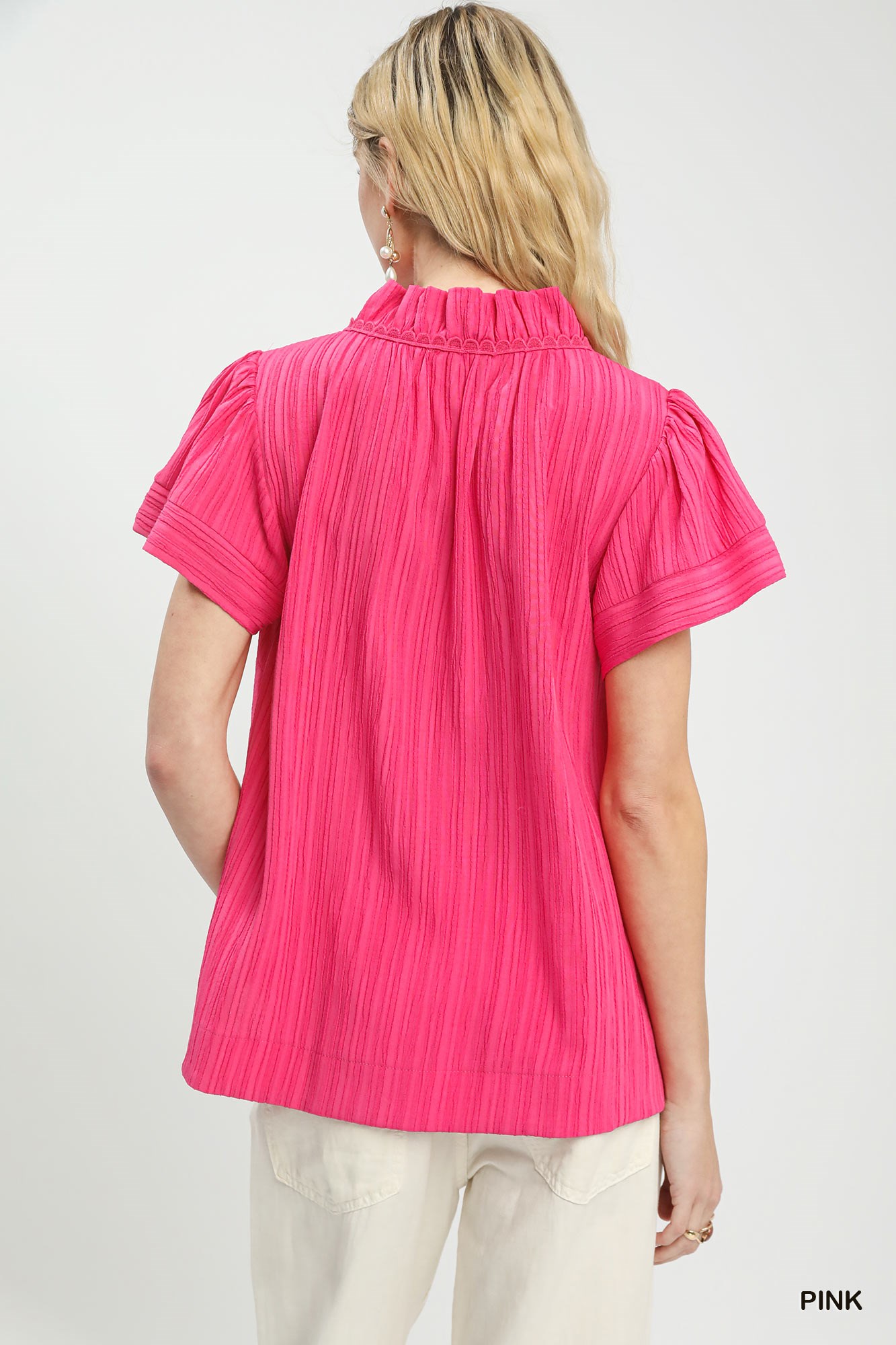 Texture Flutter Sleeve Notched Blouse, image 4