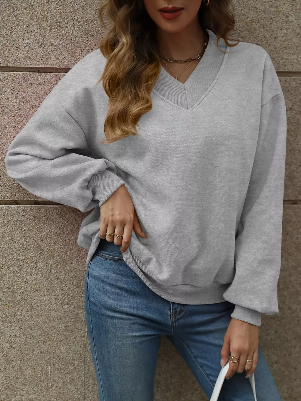 V-Neck Solid Color Casual Sweatshirt, image 19
