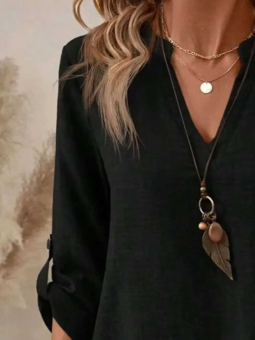 Casual Notched Roll-Up Sleeve Pocket Blouse, image 8