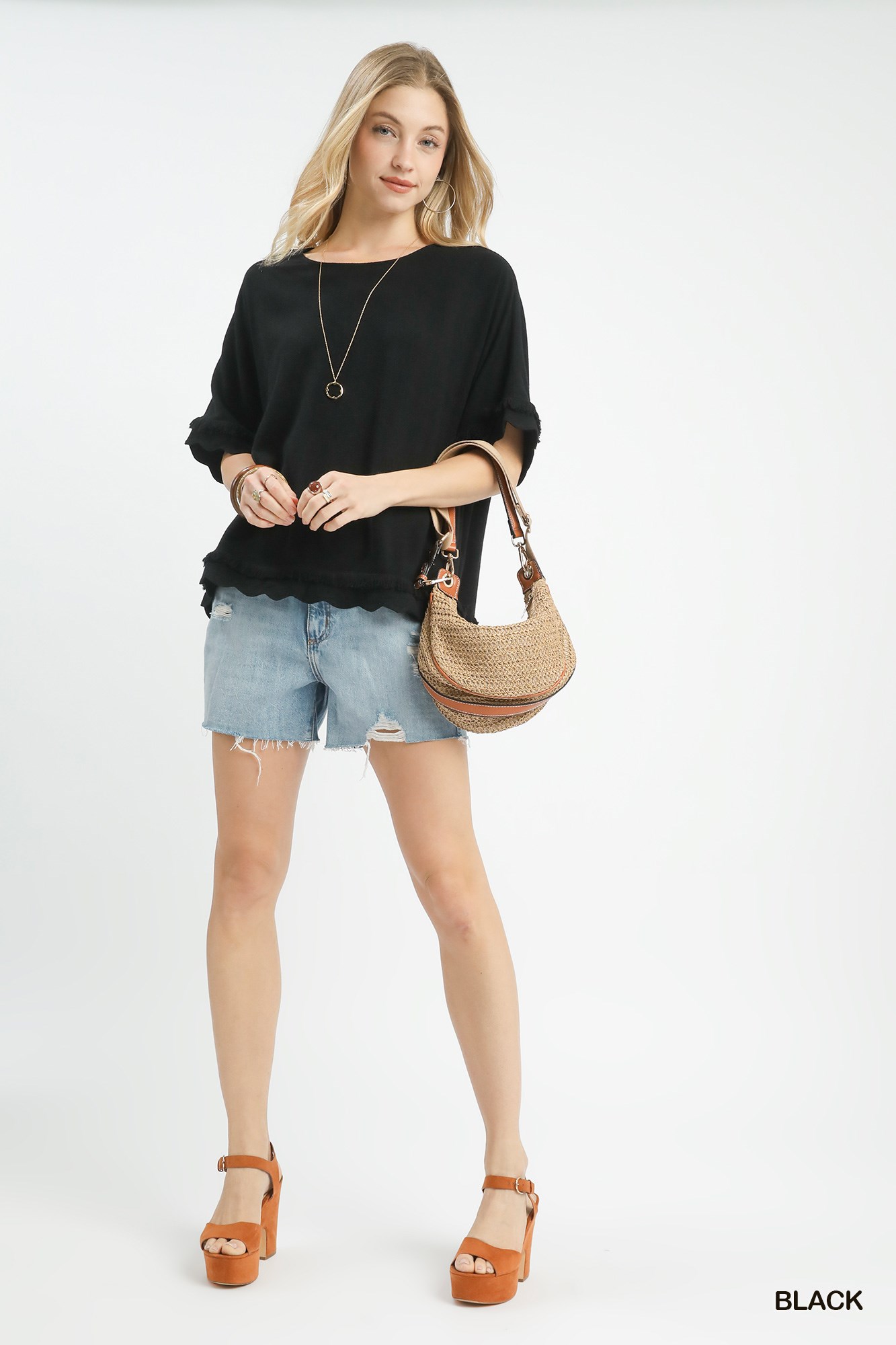 Linen Frayed Hem Scallop Edge Top, image 3