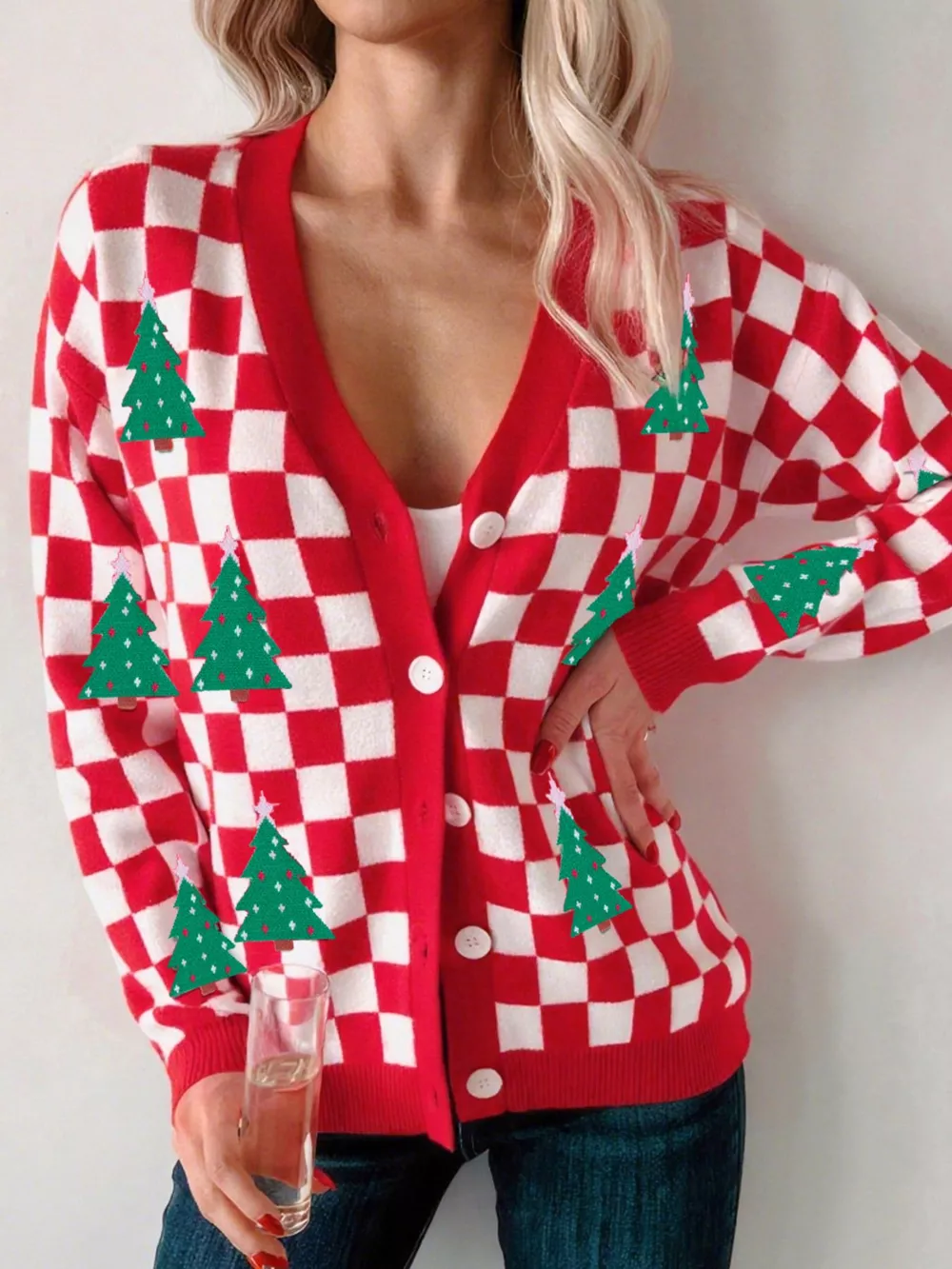 Christmas Tree Pattern Checkered Button V Neck Cardigan, image 4